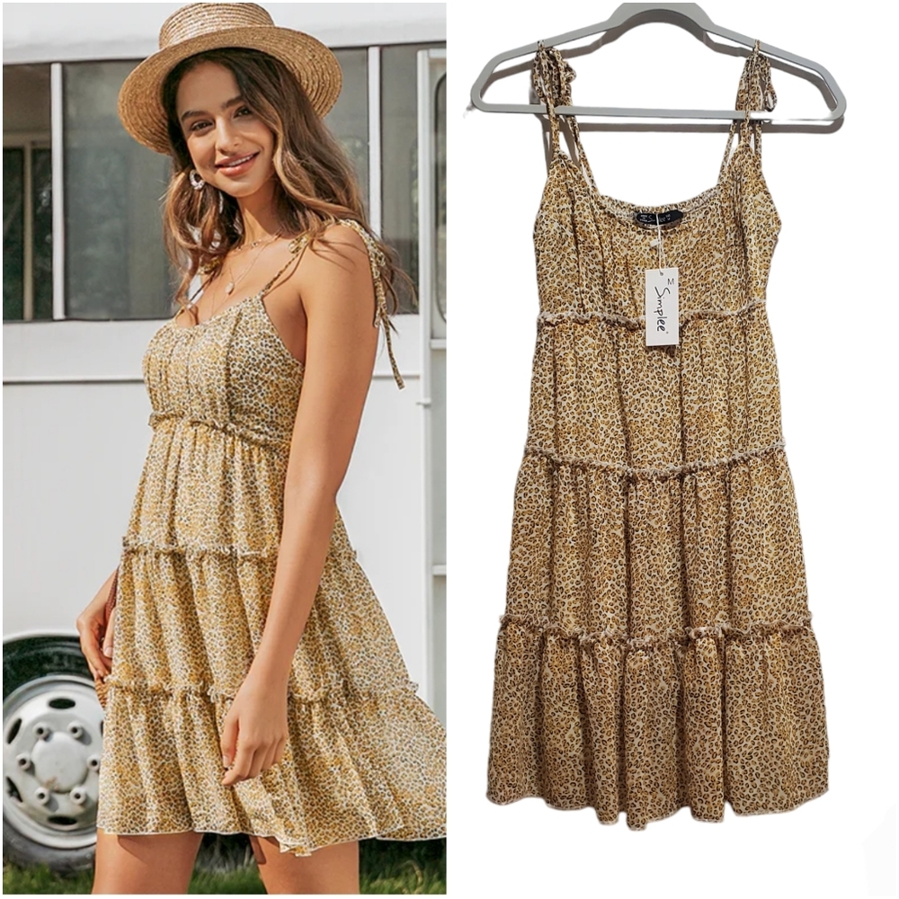 Simplee Leopard Print Tiered Ruffle Boho Mini Peasant Dress Size M NEW